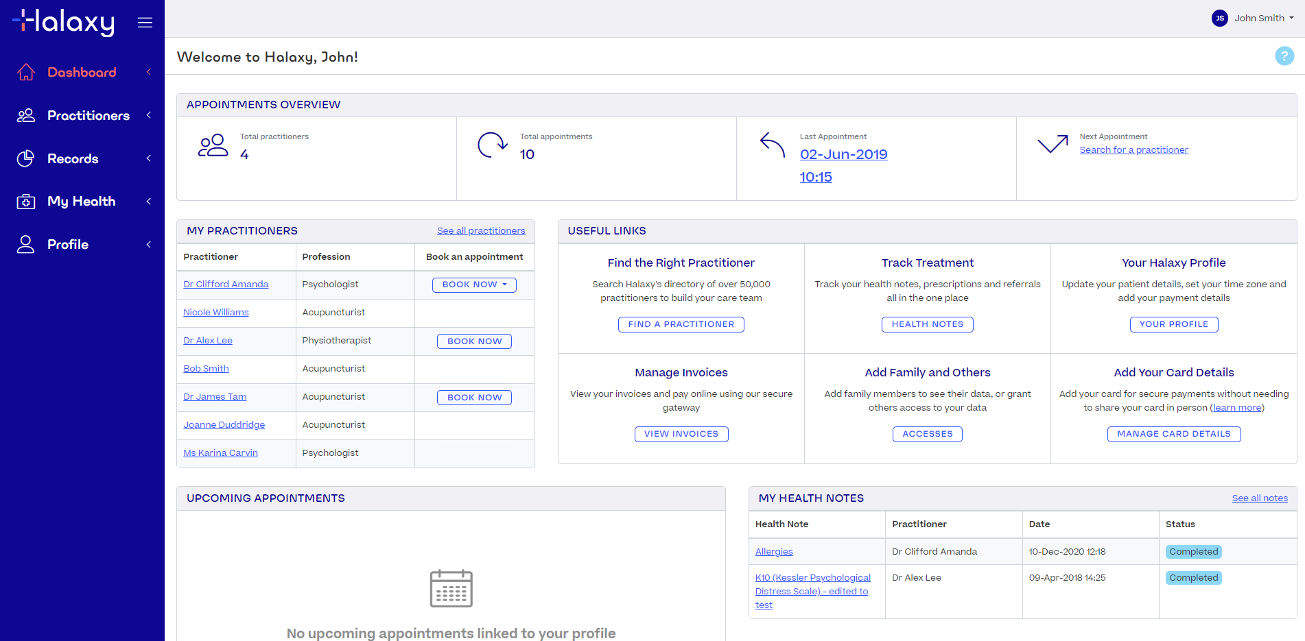 The Patient Portal dashboard as seen by patients